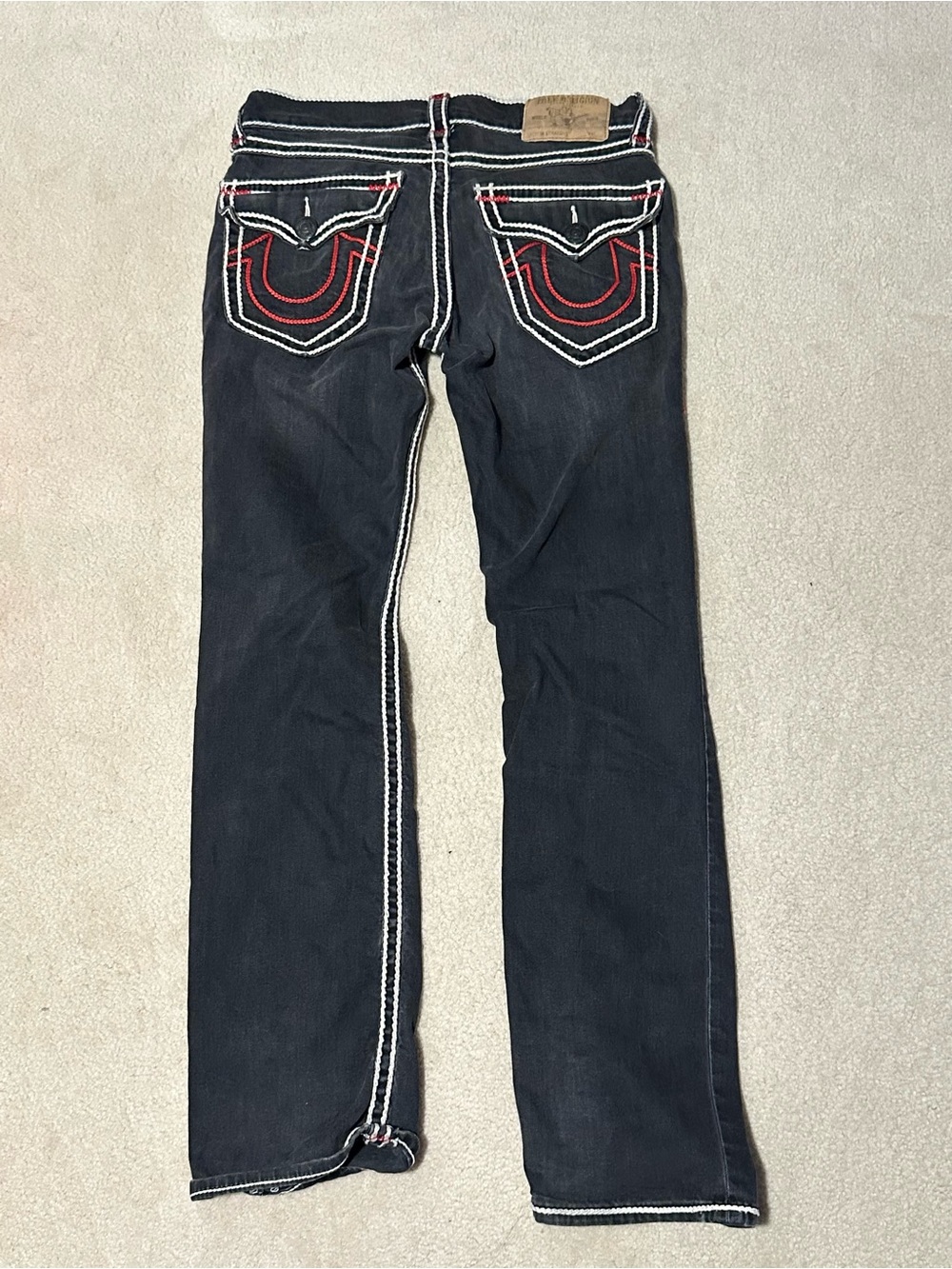 True Religion Black Straight Leg Jeans with White & Red Stitching